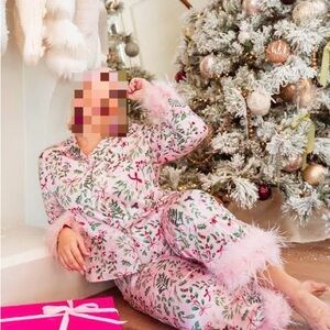 Ivy City Pink Pajamas with Feather Trim